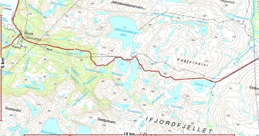 1.2 Planområde Ifjord Skadjajavri 1.3 Bakgrunn og formål Planområdet er avgrenset med svart Fv. 98 over Ifjordfjellet er en viktig fjellovergang i midtfylket.