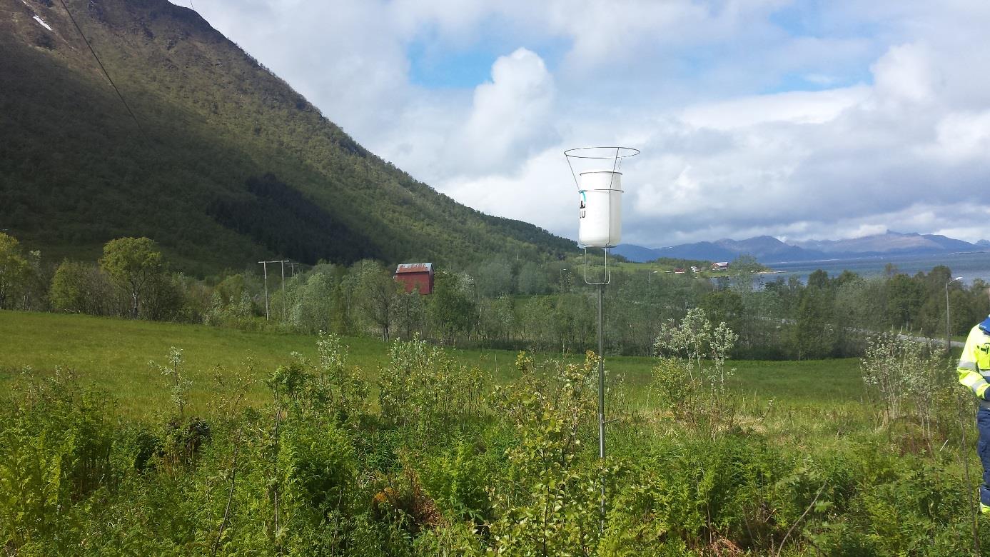 Figur 3 Målestasjon II, øst for massetaket ved gnr. 66 bnr. 21 4. Resultater og vurdering Resultater fra støvnedfallsmålingene viser lave konsentrasjoner av mineralsk støv.