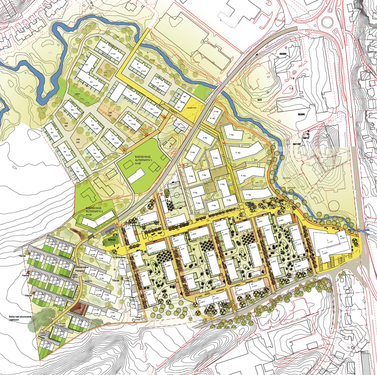 2 Planforslaget Planforslaget innebærer transformasjon av området til boliger i de meste av området. Vestlige arealer vil bli lagt til rette for boliger i henhold til kommunedelplanen.