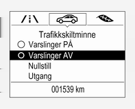 160 Kjøring og bruk Alarmfunksjon Alarmfunksjonen kan aktiveres eller deaktiveres i innstillinger-menyen i hjelpesiden for trafikkskilt.