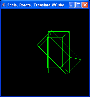 Programeksempel: Transformert kube/terning Rekkefølgen matriseoperasjonene utføres i har betydning for resultatet: gl.glrotatef( 45.f,.f,.f,.f ); gl.gltranslatef( 2.f,.f,.f ); gl.gltranslatef( 2.f,.f,.f ); gl.glrotatef( 45.f,.f,.f,.f ); gl.glscalef(.