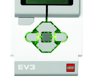 EV3-TEKNOLOGI EV3-kloss Statuslyset for kloss som er rundt klossknappene viser status for EV3-klossen. Det kan være grønt, oransje eller rødt og kan pulsere.