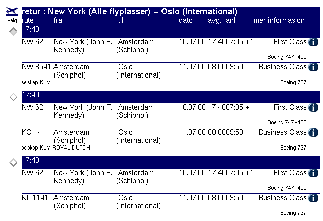 100 Braathens Figur 5.11: Retur fra New York, samme fly og klasse Med den billigste sammensetningen kostet reisen 30.244 kroner mens den dyreste kostet 37.484 kroner.