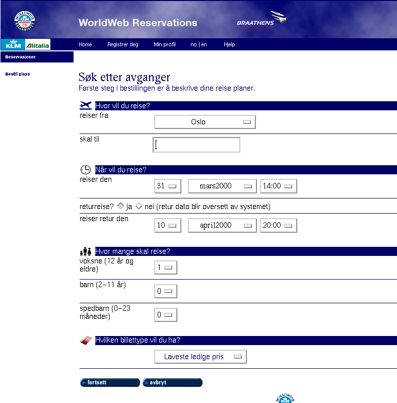 5.2 Nettstedets oppbygning 83 Figur 5.2: Søk etter avganger Side1-Søketteravganger Første steg i bestillingsprosessen (se figur 5.2) er å fortelle om dine reiseplaner.