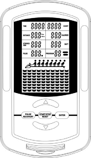 Abilica 4000 COMPUTER Art. nr. 554 000 Knapper: ENTER: START/STOP RESET PULSE RECOVERY: Pil opp : Pil ned : I pausemodus velges funksjon; tid, rotak, distanse, kaloriforbruk og puls.