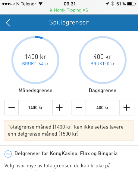 måned» Ved fastsetting av totalgrense på web, er meldingen at totalgrensen overstyrer delgrensen for kasinospill Lotteritilsynets vurdering er at dette kan misforstås av spilleren og anbefaler at