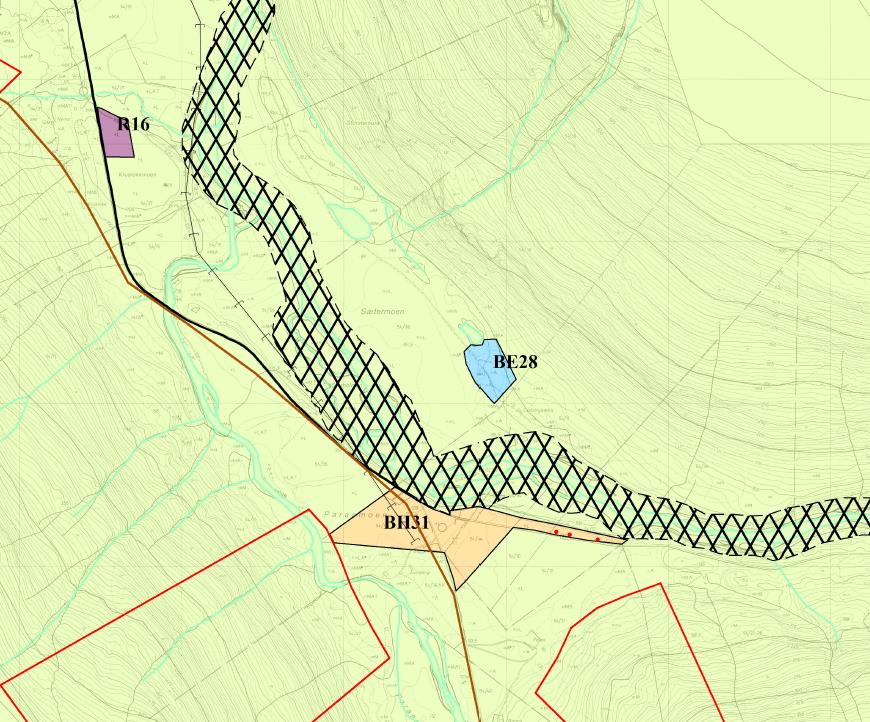 Figur 5-2. Utsnitt fra kommuneplanens arealdel som viser øvre del av Signaldalen/ nedre del av Stordalen. Rutet felt = sikringssone langs elv, grønt = LNF-område, gult = område for fritidsboliger. 1.