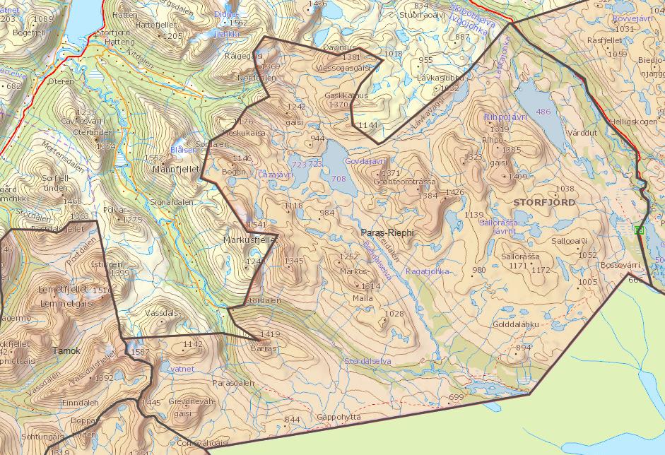 Figur 5-11. Kartfesting av Paras-Riephi, området med utleie av småviltjakt som også omfatter tiltaks- og influensområdet for Stordalen kraftverk.