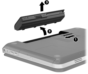 3. Vipp batteriet (2) opp og ta det ut av datamaskinen (3).