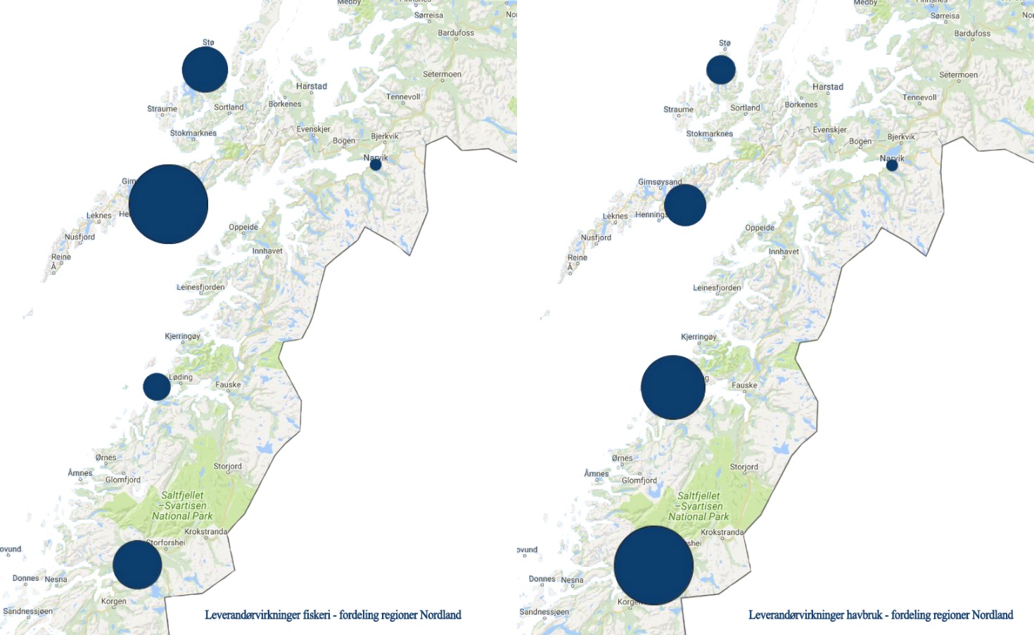 Figur 3-22 Geografisk fordeling av innkjøp til fiskeri- og havbruksnæringen i Nordland 2015 (kilde: Varestrømsanalyse - SINTEF/Nordlandsforskning 2016).