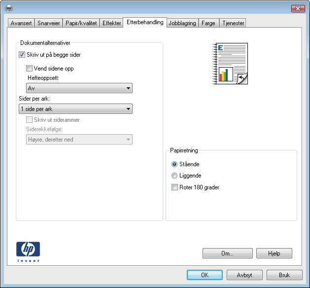 4. Merk av for Skriv ut på begge sider. Klikk på OK for å lukke dialogboksen Dokumentegenskaper.
