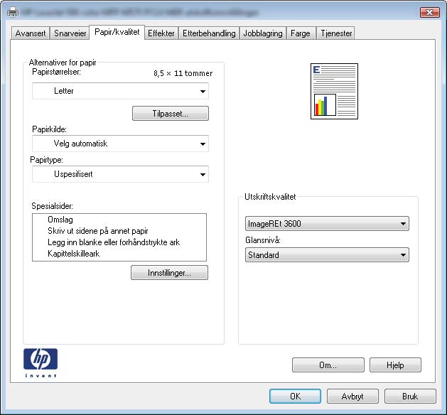 Velge papirtype (Windows) MERK: Produktet ditt ser kanskje annerledes ut enn det som er på bildet, men handlingene er de samme. 1. Velg alternativet Skriv ut ved hjelp av programmet. 2.