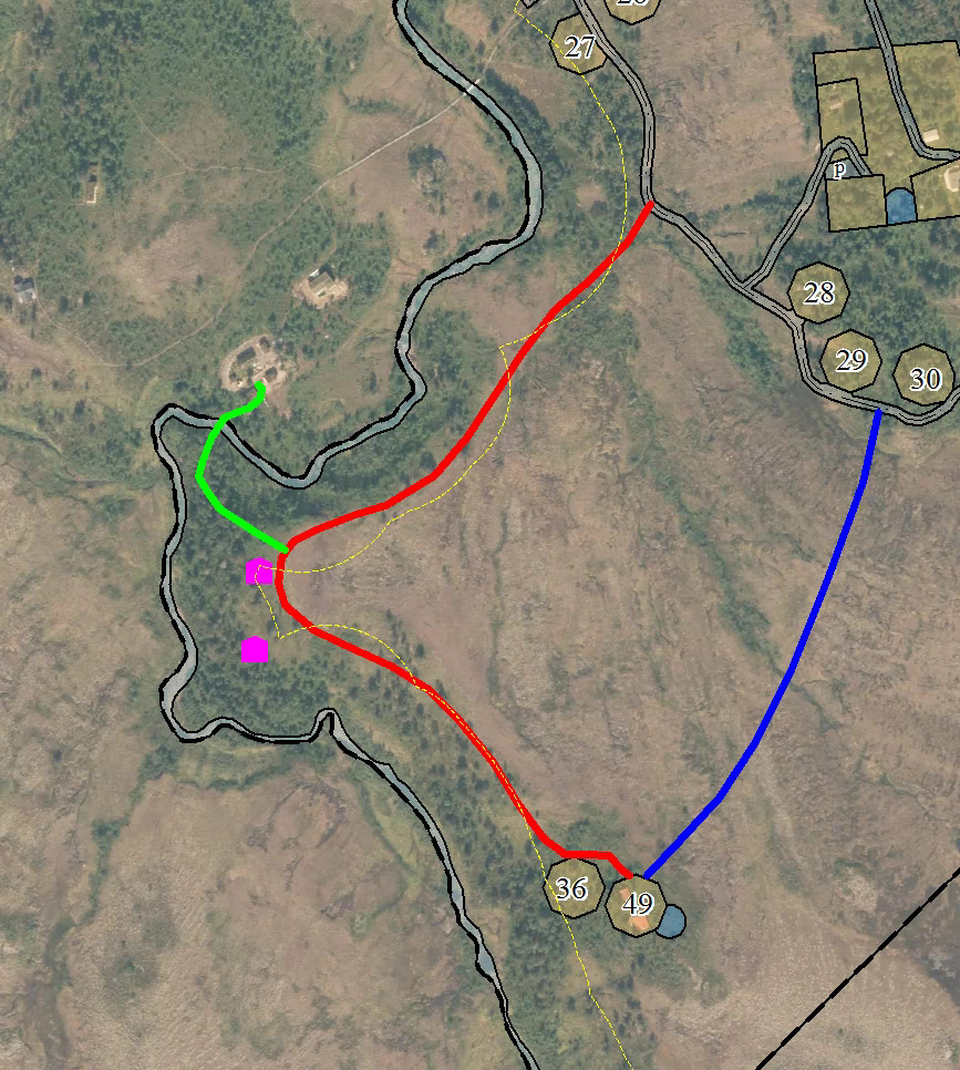 Rosa punktsymbol: Foreslåtte tomter. Rød linje: Foreslått vegtrase. Grønn linje: Foreslått vegtrase (Stein Sørløkk). Blå linje: Alternativt forslag til vegtrase (Terje Lilleås).