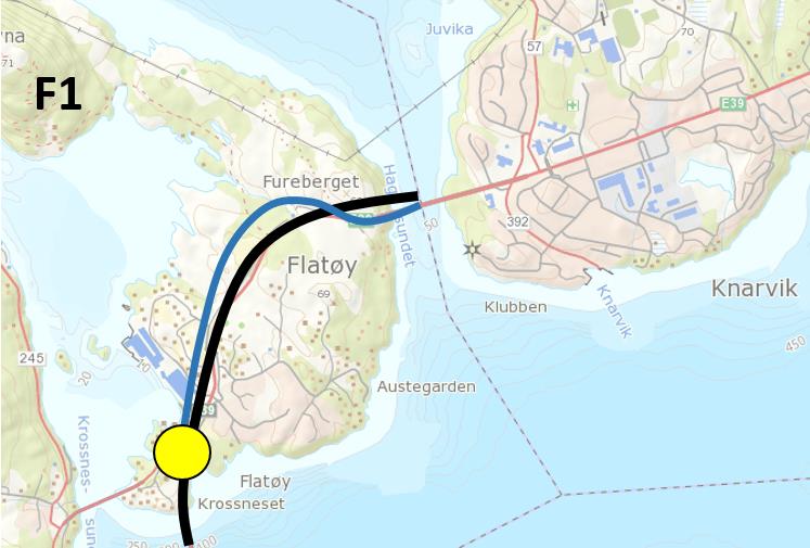 ved Knarvik Vest og tunnel må vidareførast mot Isdalstø eller Gjervik. Dette vil gje dårleg tilkopling til Knarvik, men for fjerntrafikk vil det vere om lag som for bru.