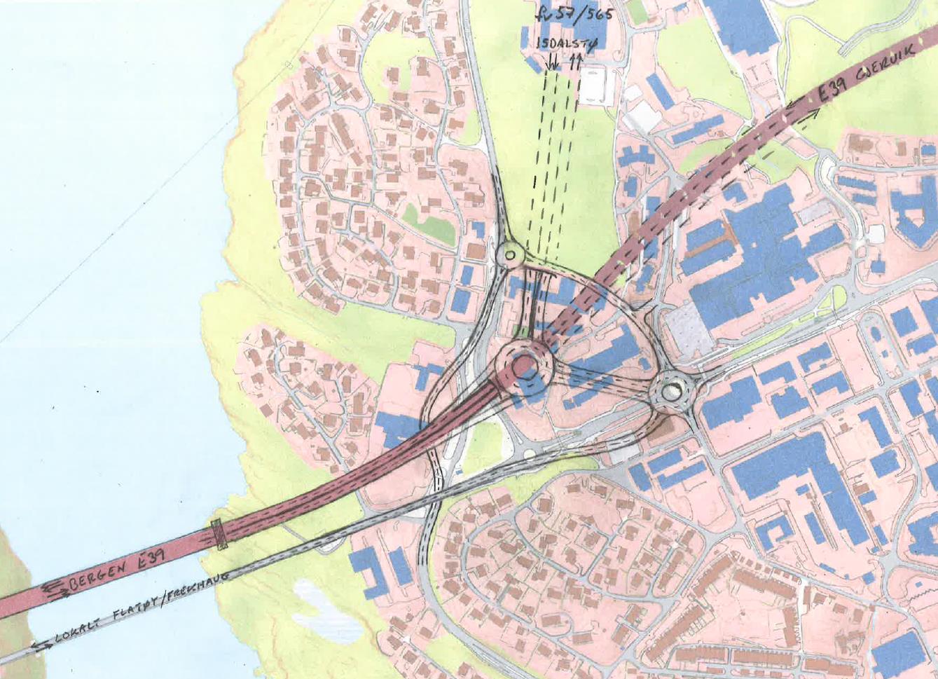 Knarvik vest. Halvt kryss for E39 via Gjervik Figur 31 Døme på halvt kryss med vestvendte ramper i Knarvik, og lokal kopling mot tunnel til Isdalstø.