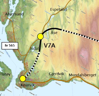 Alternativ V7: Via Isdal aust, Åse og Hjelmås til Eikanger E39 i lang tunnel til åsryggen bak Isdal-bygda. V7A har berre kryss med fv57 nord for Isdal-bygda.