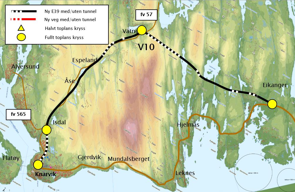 Alternativ V10: Via Isdal og Vatne til Eikanger Alternativet gjev felles 4- felts trasé saman med fv57 frå Knarvik til Vatne (Seim). I Isdal motsvarar alternativet V8.
