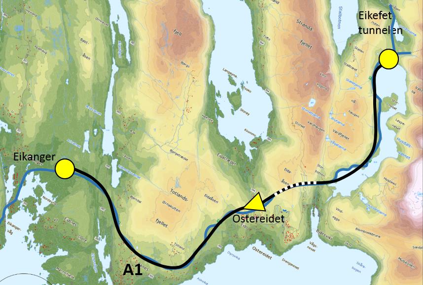 Alternativ A1: Via Ostereidet i dagens korridor Det er relativt få kryss på dagens veg mellom Eikanger og Eikefettunnelen. Det parallelle lokalvegsystemet på strekninga går aust til Bjørsvik.