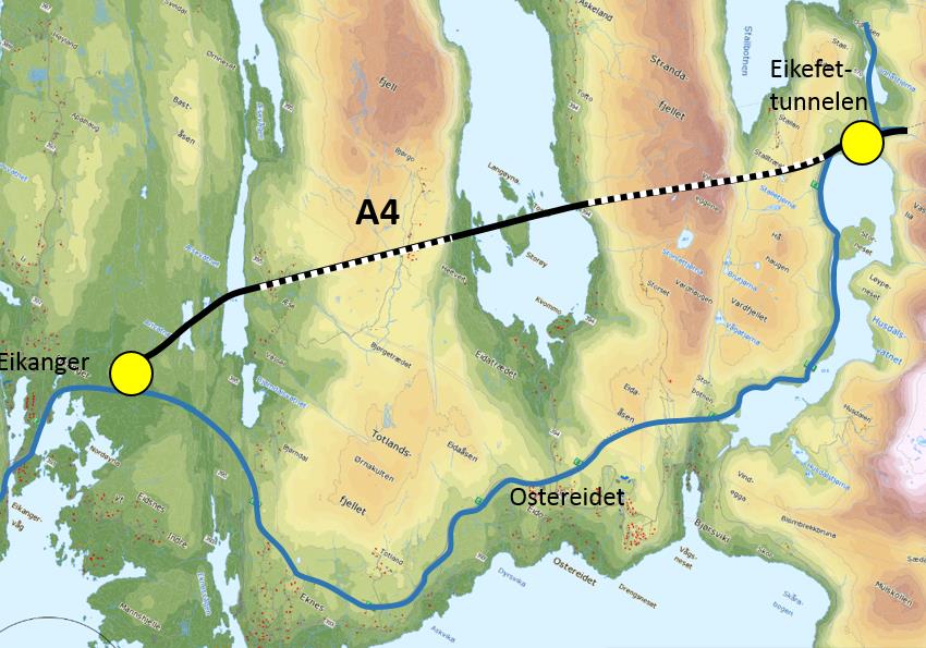 Alternativ A4: Direkte med bru over Hindenesfjorden Dette alternativet tekk utgangspunkt i eit kryssområde ved Eikanger og går direkte til kryss ved Masfjordvegen.