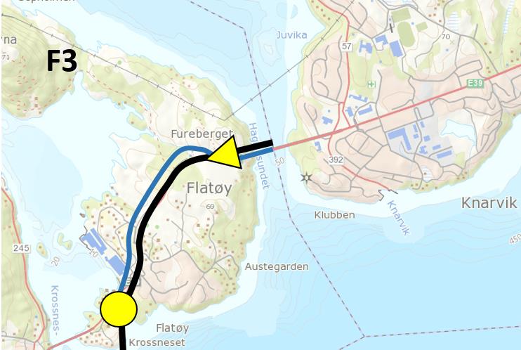 Oppsummering og tilråding Delområde Flatøy-Knarvik Kryssing av Hagelsund Det er lagt til grunn at E39 i framtida må gå via eit nytt samband mellom Flatøy og Knarvik.