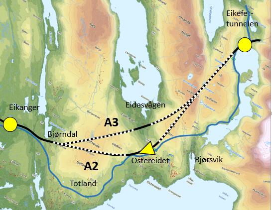 Alternativ A2 Alternativet gjev god tilkopling til lokalvegsystem med halvt kryss retning Knarvik. Fullt kryss vil medføre vesentleg større arealinngrep.