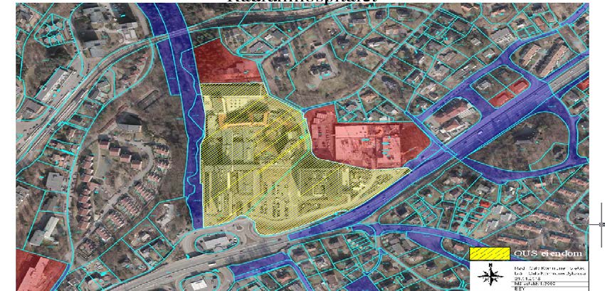 Figur 13 Tomteareal Radiumhospitalet, OUS- markert gult, OK- markert rødt og blått Figur 14 oversikt over tomtenummerering Et nytt klinikkbygg er foreslått plassert nord for bygg A på