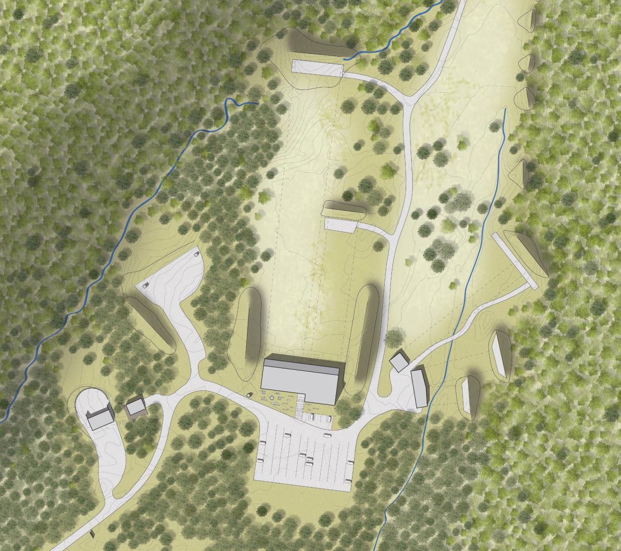 Vangdalsåsen skytebaneanlegg OVERSIKTSILLUSTRASJON 1 Parkeringsplasser 2 Støyvollar 3 Skivevollar 4 Hc-parkering 5 Uteplass med benker og bord mm 6 Leikeplass, klatring mm i