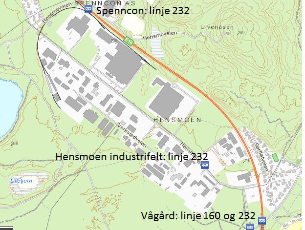 TRAFIKKANALYSE 7/12 Figur 6: Bussholdeplasser nært planområdet Linje 232 går mellom Hønefoss og Nes i Ådal. En del av avgangene går langs Hensveien ca. 2 km sør for planområdet, dvs.