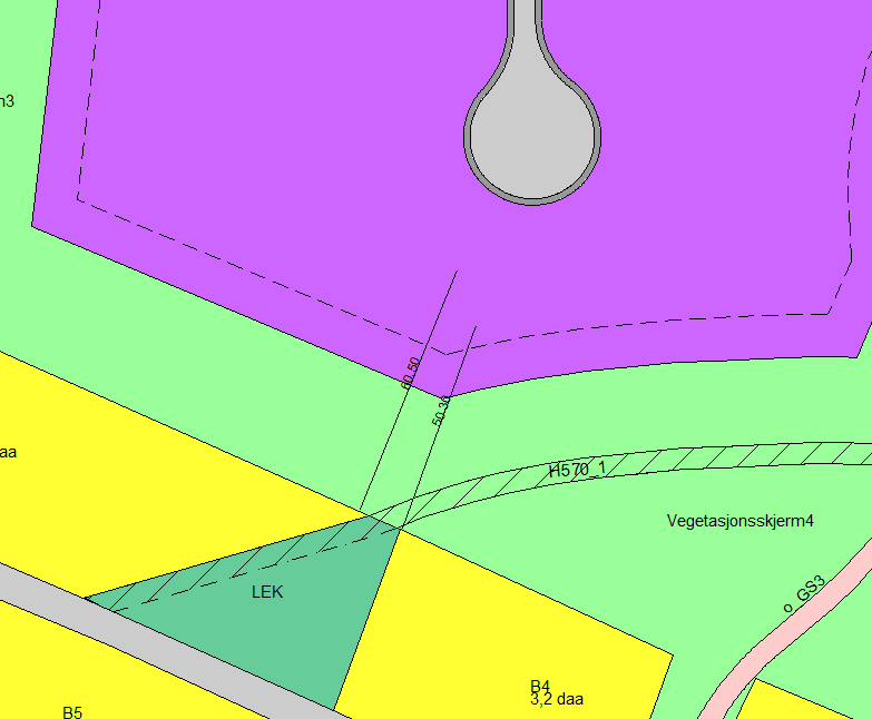 Sak 35/15 Utsnitt fra plankartet: Gul strek = byggegrense: det vil ikke være mulig å sette et bygg nærmere boligområdet enn denne grensen. Mellom gul og rød linje er det 10 meter.
