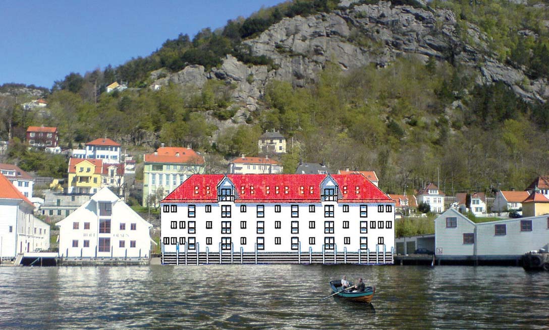 Vårt forslag til kontorbygg i gammel stil der tap av utsikt blir minimalt og der stranden ivaretas og utvides til bruk både for kontorbygg og for beboere - slik det også fungerer i dag.