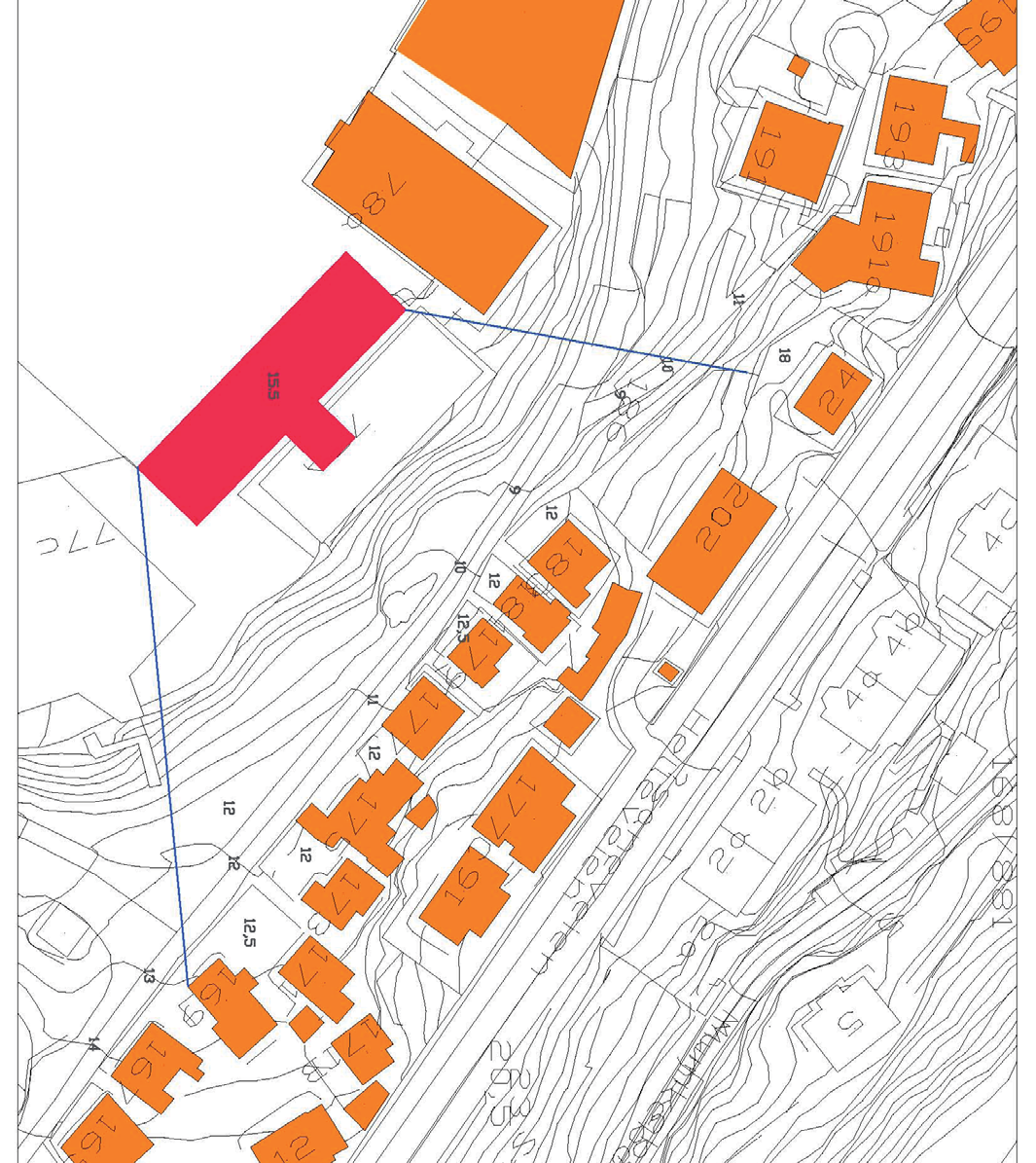 stranden nytt kontorbygg boliger som mister utsikten Plantegning som viser nytt kontorbygg og nærmiljøet.