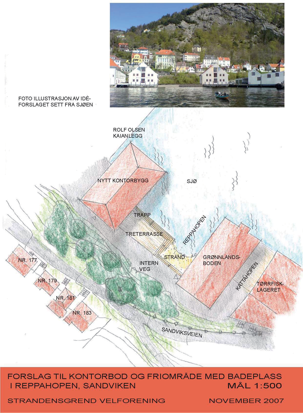 Alternativ løsning Strandens grend velforening har tegnet et alternativt forslag til kontorbygg på denne tomten som viser hvordan man kan bygge et gammeldags bodmiljø og samtidig ta vare på de unike