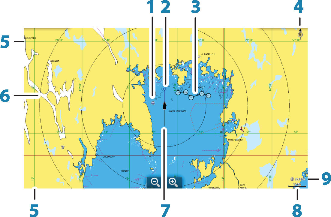 3 Kart Kartfunksjonen viser fartøyets posisjon i forhold til land og andre kartobjekter.