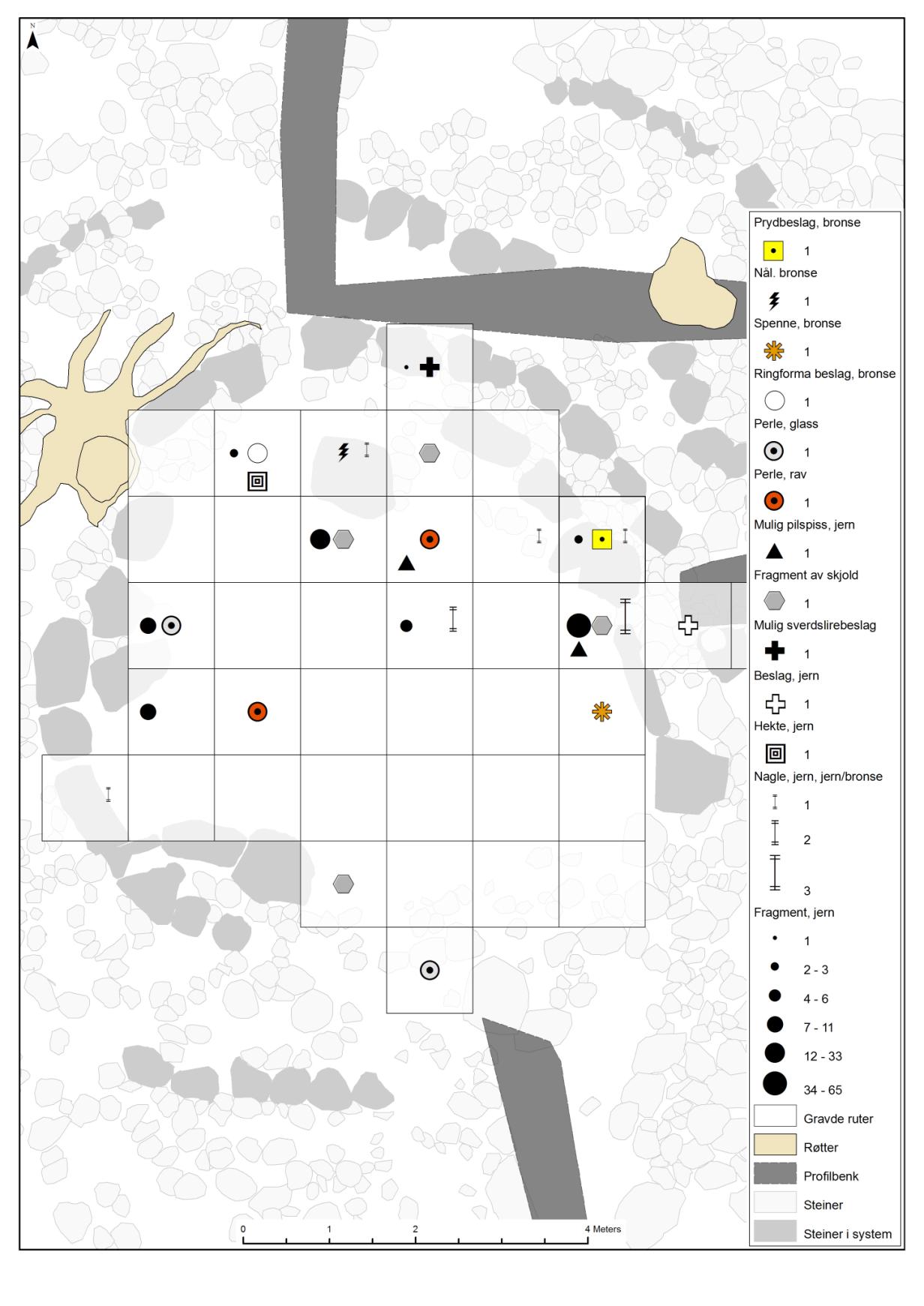 Fig. 25: Spredning av et utvalg diagnostiske funn. Ill.: L. Thorgersen/KHM. Både bein, keramikk og andre funn viser en tydelig overvekt i nordlige og nordøstlige deler av kammeret.