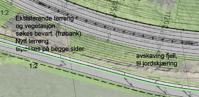 Vegen går på lengre strekninger i jordskjæringer på landsiden også på strekningen forbi Vulu, Stav, Sveberg og Karslyst. Det er til dels store jordskjæringer på deler av strekningen.
