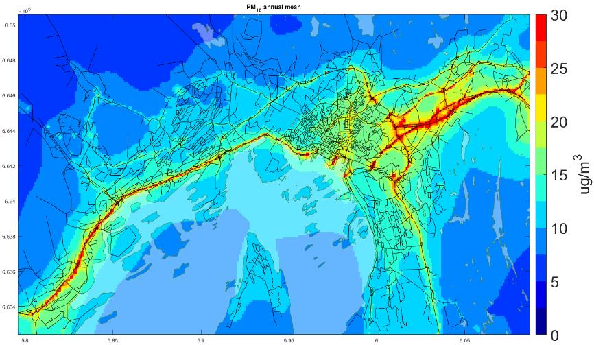 REVIDERT OSLOPAKKE 3: EFFEKTER PÅ TRAFIKK, MILJØ OG SAMFUNN 65 a) Dagens situasjon 2014 b) Referanse 2022 Figur 6-4: Kartene viser årsmiddel for PM10 (µg/m 3 ) i Oslo og Bærum for a) dagens situasjon