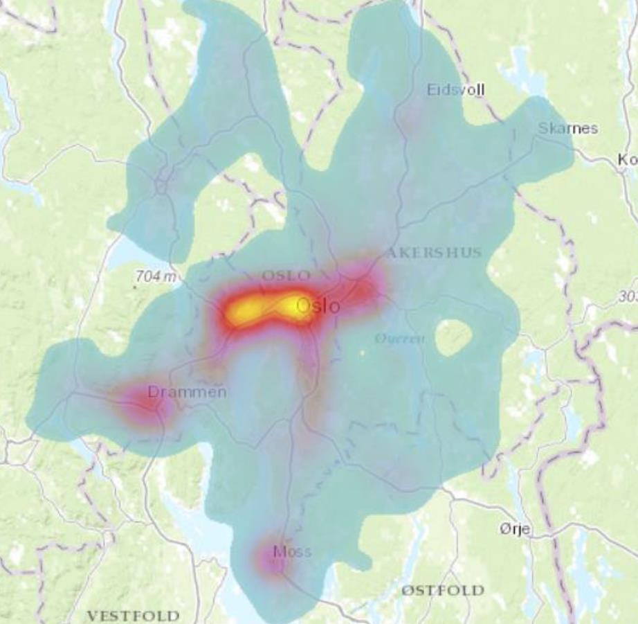 REVIDERT OSLOPAKKE 3: EFFEKTER PÅ TRAFIKK, MILJØ OG SAMFUNN 84 Figur 7-1 Endring i agglomerasjonsimpulser som følge av revidert Oslopakke 3. Gult indikerer sterkest endring, deretter rød og grønn.