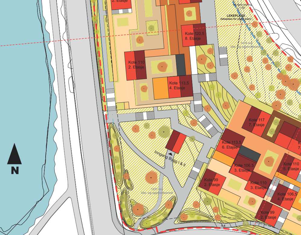 5.1.2 Støyskjerm og støyvoll mot Liavegen Mot Liavegen anlegges det både støyskjerm og støyvoller. Topphøyde til støyvoller mot Liavegen er vist i Figur 6.