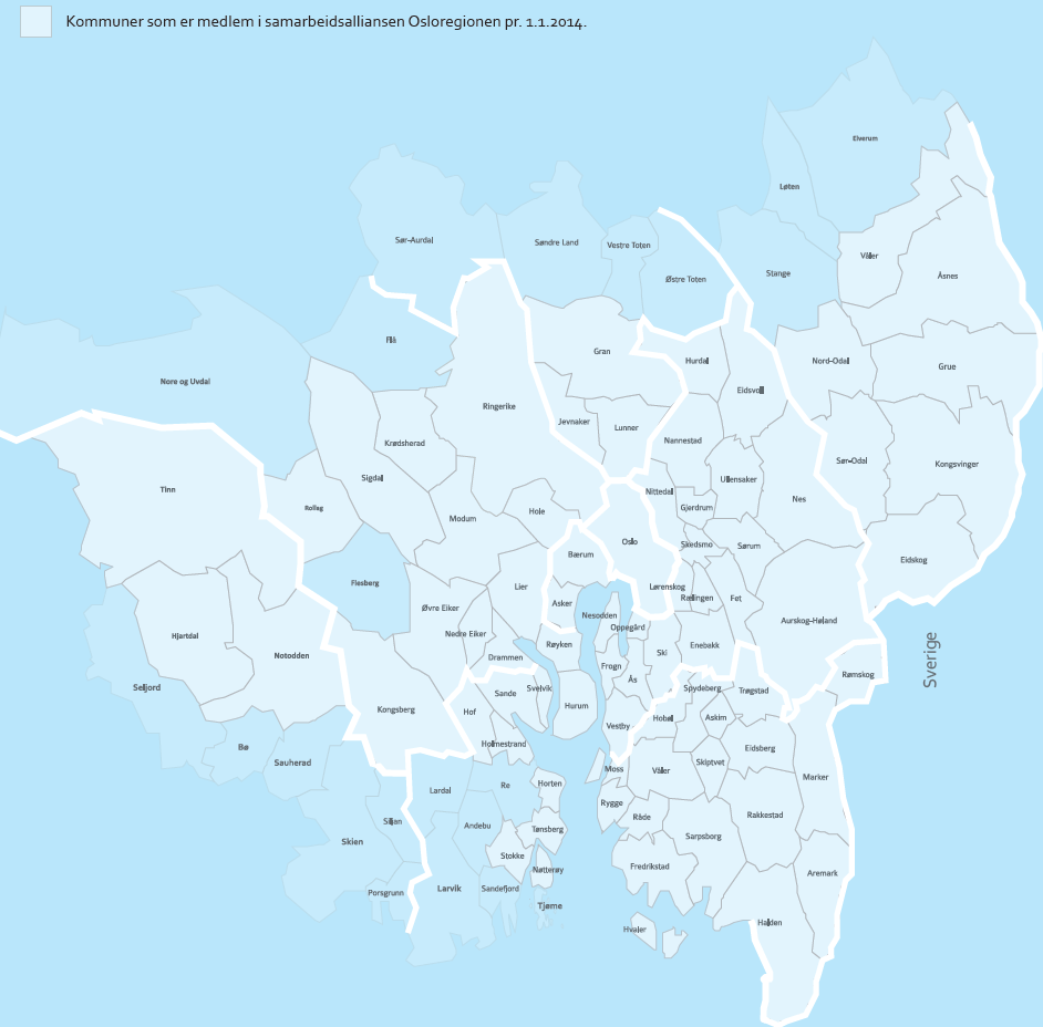 MÅL OG STRATEGIER Den strategiske samarbeidsalliansen Osloregionen ble etablert 1. januar 2005. Den besto i 2013 av 72 kommuner og tre fylkeskommuner i hovedstadsområdet.