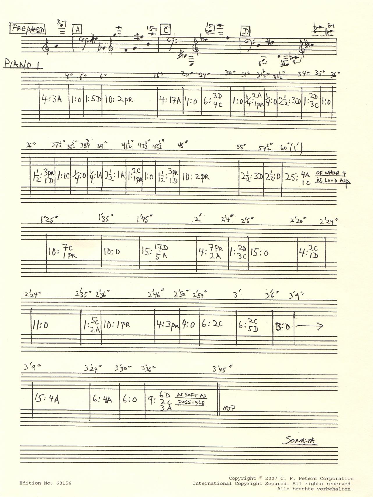 18 3. Nummernotasjon. Eksempel: Christian Wolff, Sonata for Three Pianos (1957).