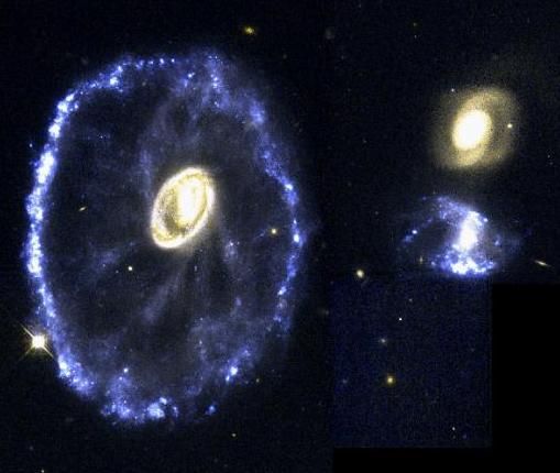 Galaksekollisjoner Det er vanlig at galakser kolliderer med hverandre Som ventet, da de er store og nær hverandre i forhold @l størrelsen Galaksekollisjoner kan gi starburst