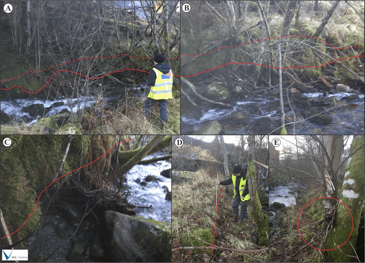 Figur 3: Bilda viser murane langs sørsida av Hatledalselva. Bilde A viser den austlege delen av muren framfor eit av bygga til Dale Vidaregåande skule.