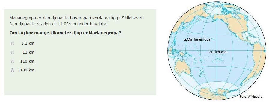 Måling I prøva for 2013 er 18 av oppgåvene frå området måling. Oppgåvene testar måleiningar for tid, lengd, areal, masse, volum og pengar, berekningar og omgjering mellom einingar.