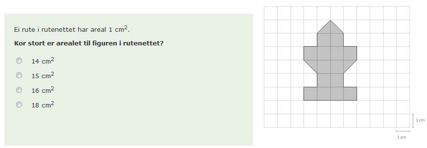 Oppgåve 21 Dette er ei fleirvalsoppgåve der elevane skal finne arealet til ein figur ved å telje ruter. Figuren består av heile og halve ruter som skal adderast for å finne heile arealet til figuren.