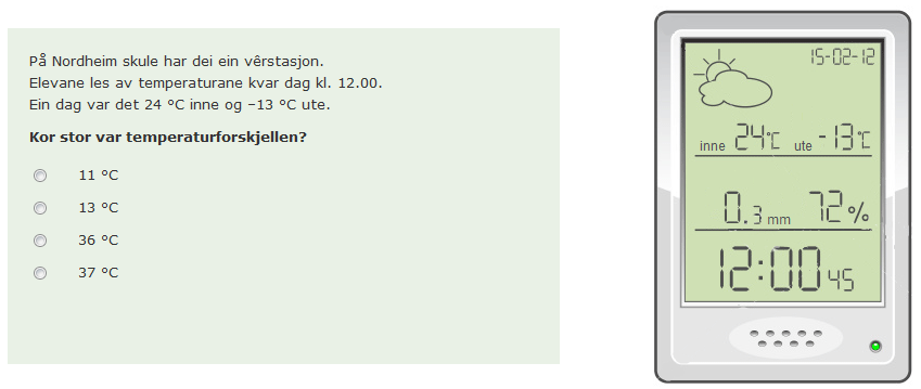 Svar Kommentar Prosentdel av elevane 11 C 24 13 = 11 48 % 13 C Ser berre på utetemperaturen, skjønar ikkje omgrepet 10 %