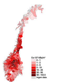 Dybdefordeling av cesium-137 i jord 50000 45000 40000 Cs-137 (Bq/m2) 35000 30000 0-3 cm 3-6