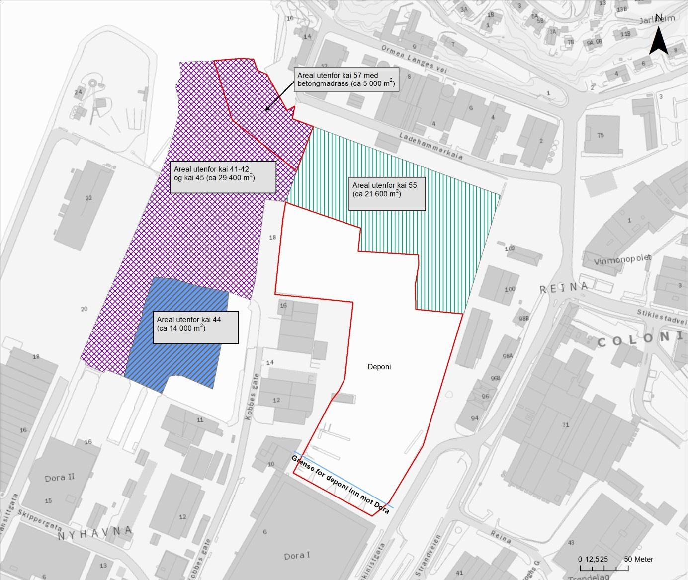 Figur 5: Anbefalt deponiløsning (alt.7) foreslått av Multiconsult (2013, dokument 415566 PLAN PBL 007), anbefalte mudringsdyp og de forskjellige tildekkingsarealene.