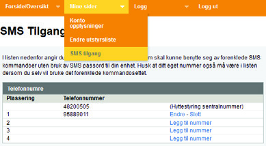 Menyvalg SMS tilgang I menyen Mine sider og SMS tilgang kan vi legge til, endre eller fjerne telefonnumre som har tilatelse til å sende SMS til GSM Mini+.