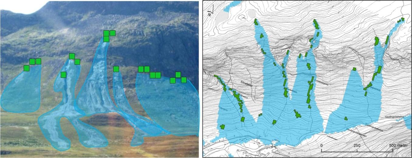 Fig. 2. To ulike eksempler: Skjematisk visning av valgt modelleringsmetode i et bilde av jordskredhendelser (til venstre).