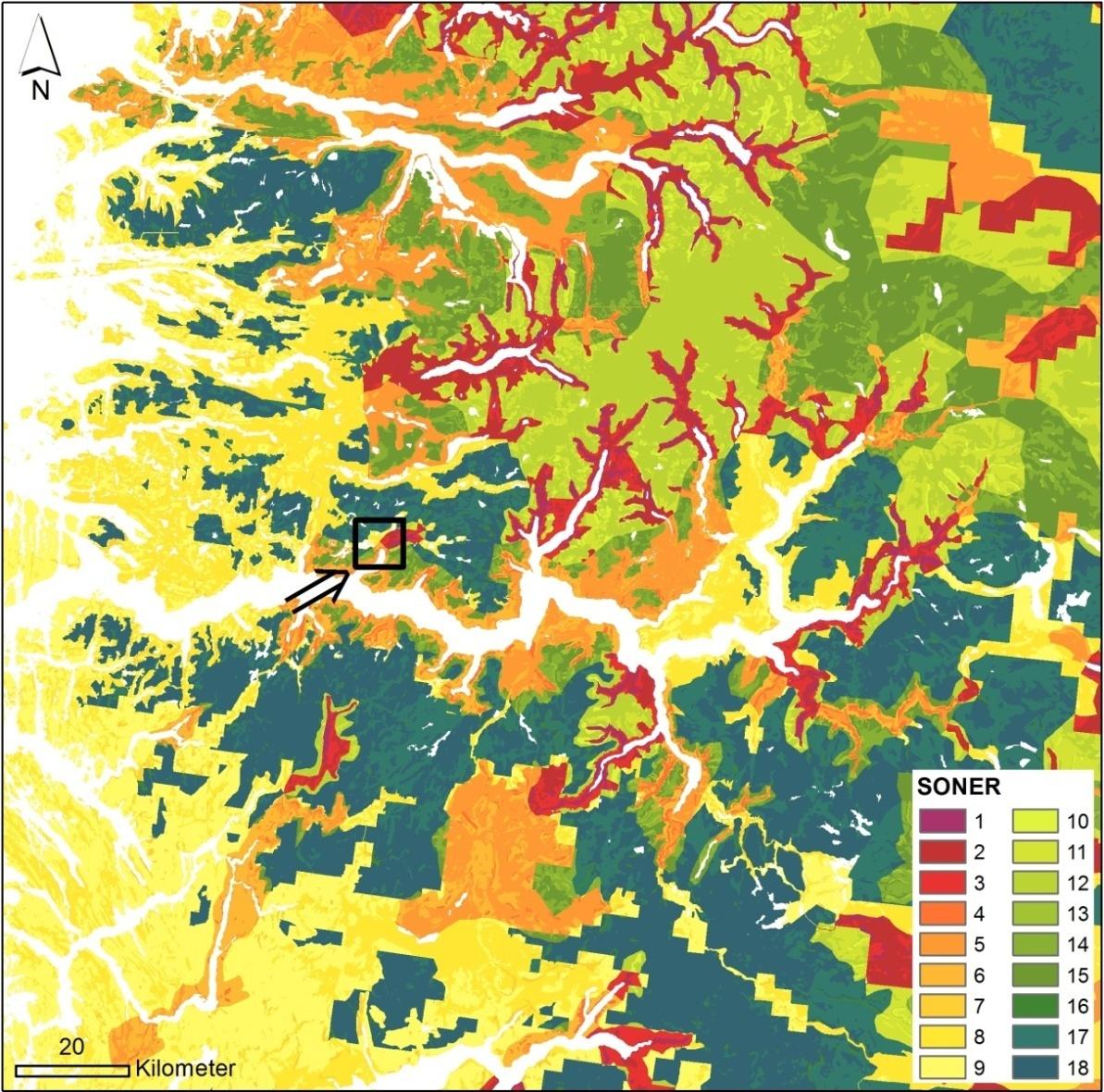 Fig. 14. Eksempel av det endelige soneringskartet for et området på Vestlandet, med soner for de forskjellige terskelverdisett beskrevet i Fig. 15. Fargeskaleringen av sonene samsvarer med Fig.